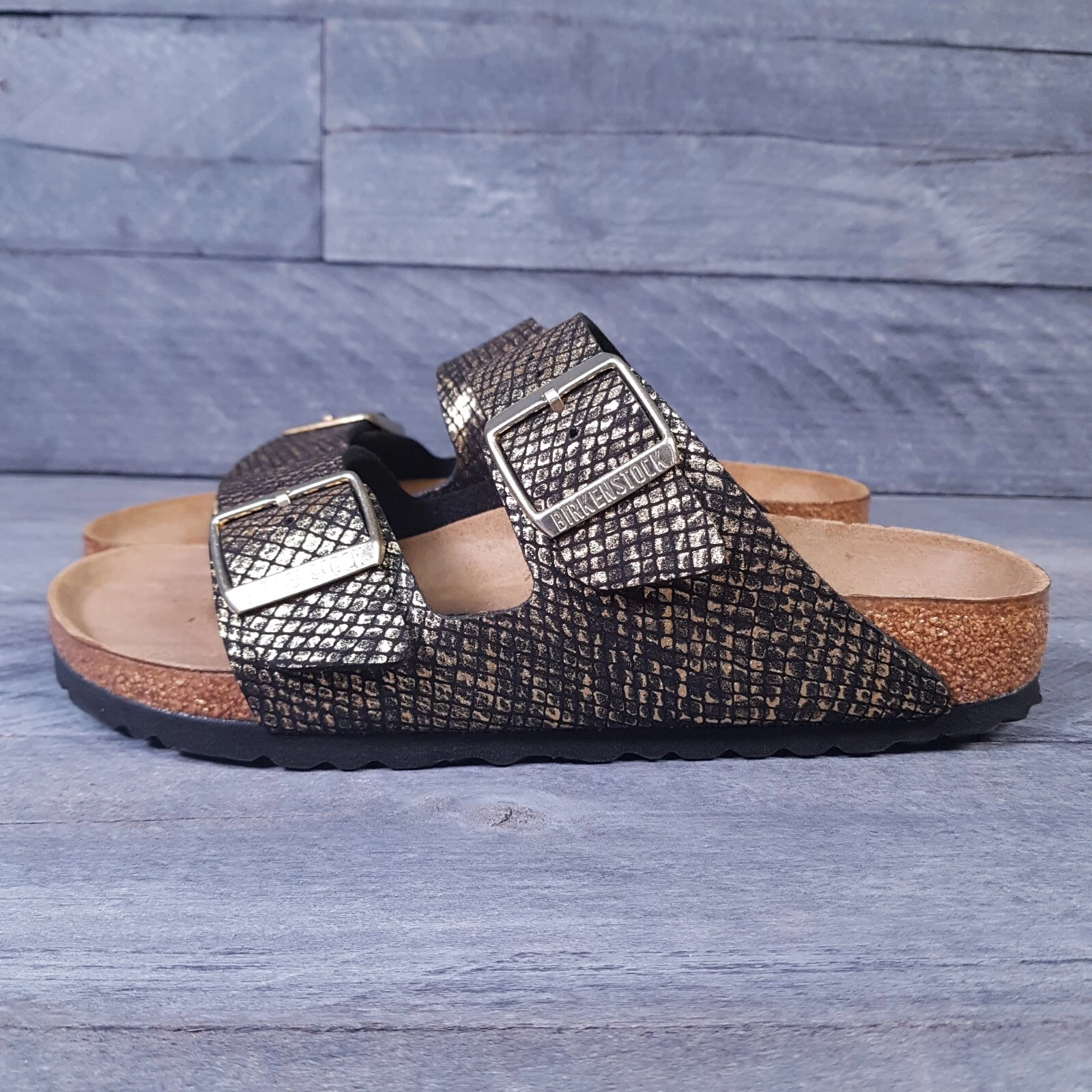 BIRKENSTOCK Arizona Birko-Flor Shiny Python Sandal Womens 6 37 Narrow Black Gold