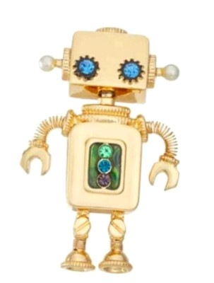 Napier Robot Pin Brooch Gold Tone Nuts Bolts Screws Blue Eyes Pearls NEW w Box