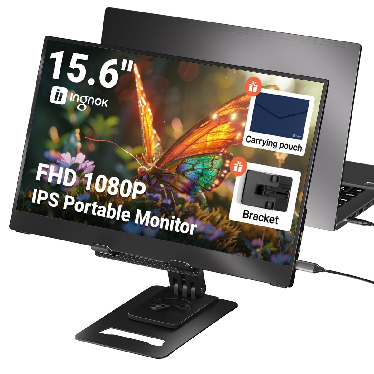 Ingnok Portable Monitor Ultra Slim 15.6 Inch FHD IPS Laptop Screen