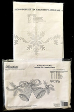 BELLS & POINSETTIA 2pr Pillowcases Christmas Theme Stamped Cross Stitch Kits NOS
