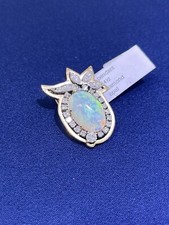 14K Yellow Gold Oval Shaped Opal With Round White Diamond Halo Pineapple Pendant