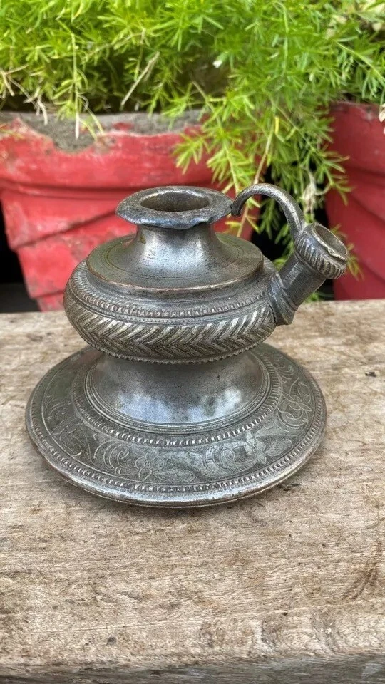 Antigua escultura de 1700 de latón grabada a mano placa de plata olla de cachimba mogol Foto 4 de 4