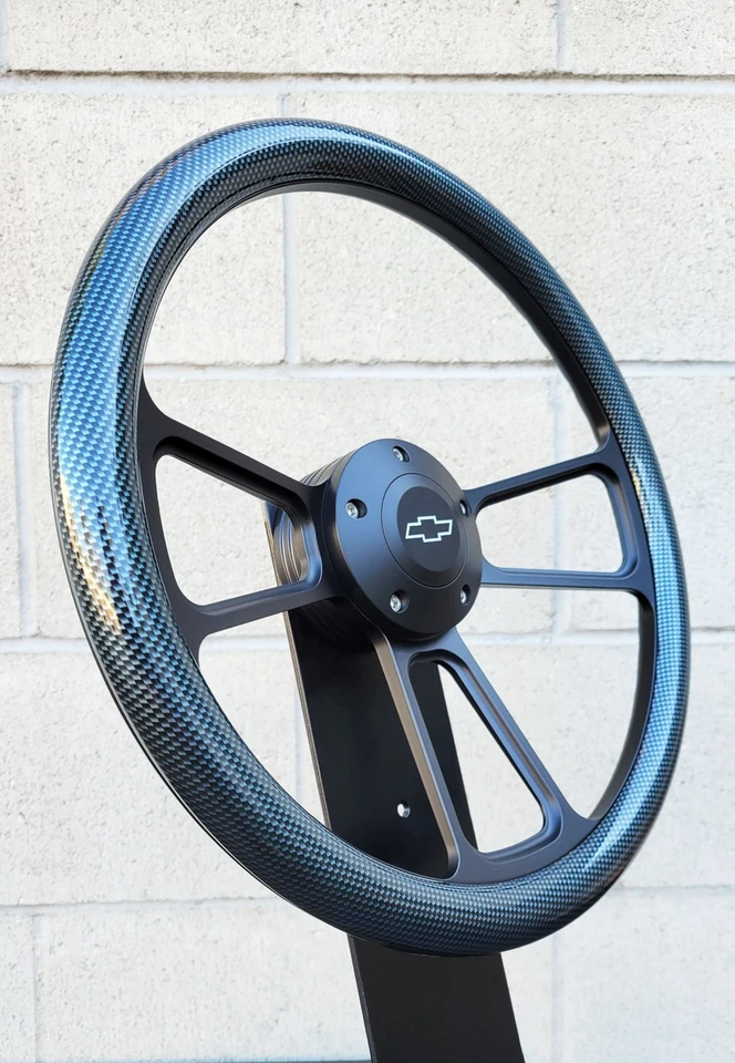14" Black Steering Wheel Carbon Fiber Wrap, Chevy Horn, 69-94 GM Adapter - Image 2 of 4