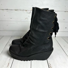 Fly London Yada Black Leather Wedge Mid Calf Boots Back Lace Up Size 40 US 9-9.5