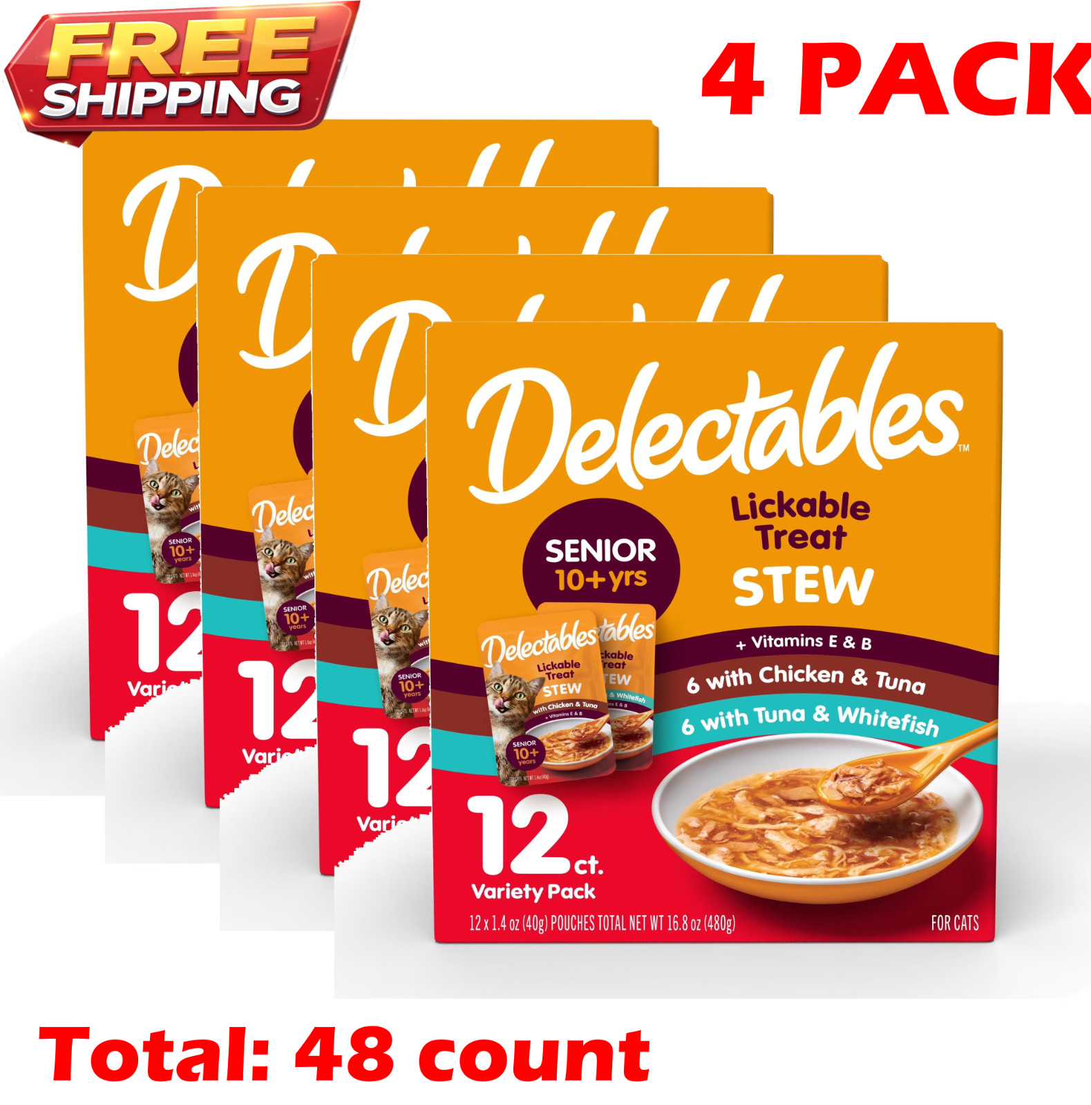 4 PACK - Delectables Stew Senior 10+ Variety Pack Lickable Cat Treats, 12 Count