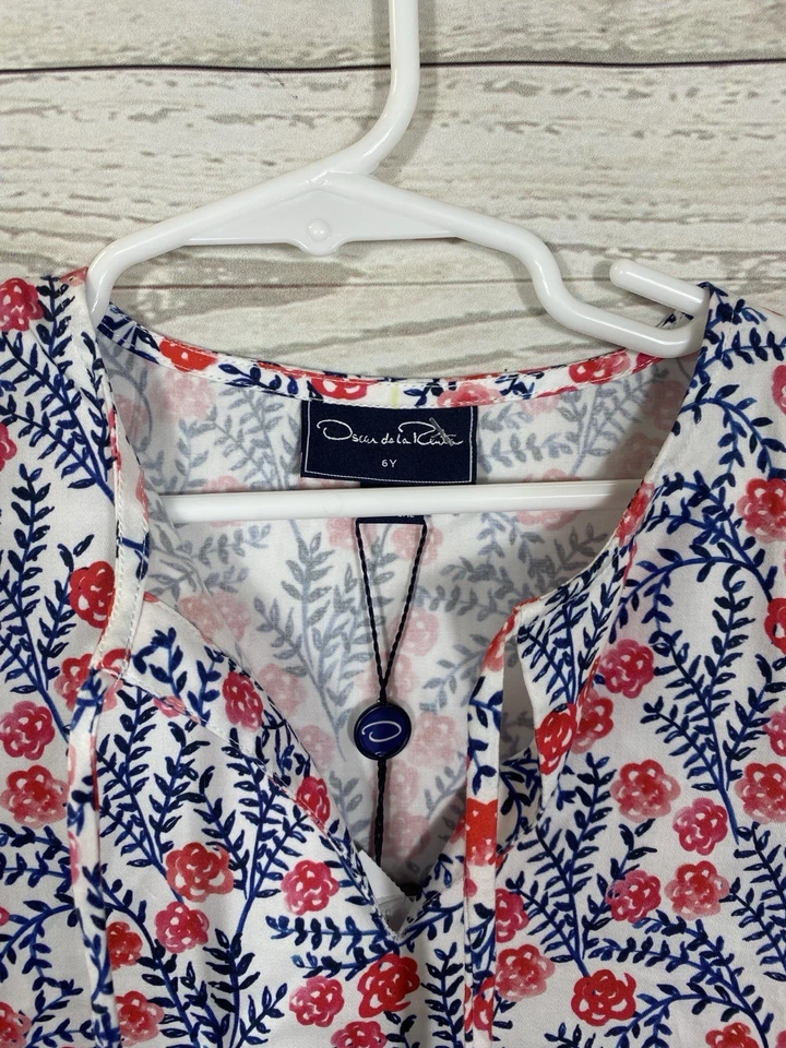 NWT Oscar De La Renta Pink & Navy Floral Long Sleeve Dress Girls Size 6 - Image 3 of 4