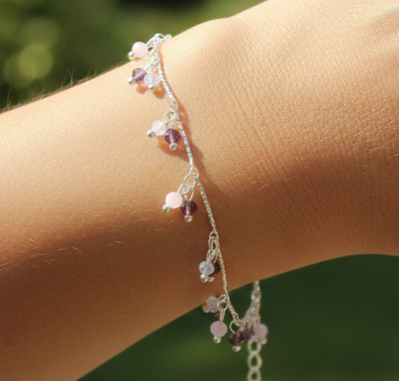 Elegant Silver Tone Beaded Bracelet Pink Amethyst Minimalist Boho Charm Chain