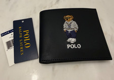 NEW Polo Ralph Lauren Blue PREPPY TENNIS BEAR Leather Double Billfold Wallet