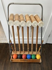 Vintage Forster Croquet Set  Wheeled Stand 6 Player Made in USA good Condition