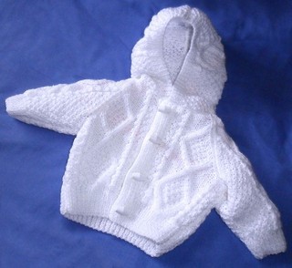 HAND KNITTED BOY or GIRL WHITE Aran Style DK Hooded Cardigan