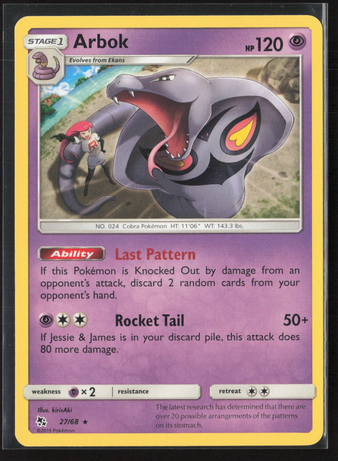 Arbok 27/68 Rare Hidden Fates Pokemon Lightly Played