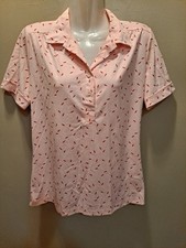 Vintage 70s Nikki 100 Pink Red Abstracts Polyester Button Up Shirt Women  s Top