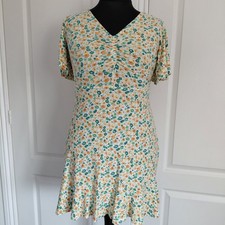 F&F Dress Size 12 Green White Orange Floral Print Stretchy Fit & Flare 