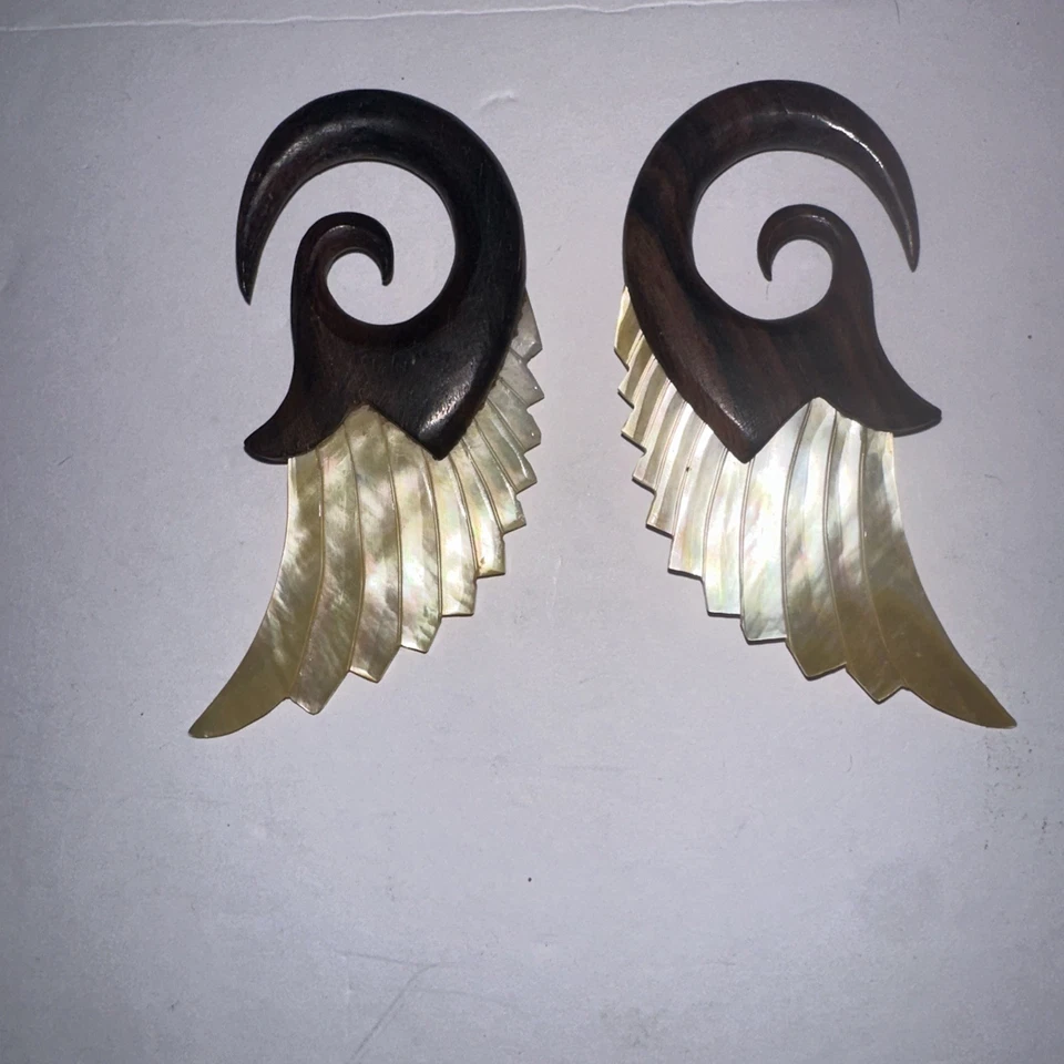 PAIR Wood & Mother of Pearl Angel Wing Tapers Plugs Expanders   Gauges - Image 2 of 4