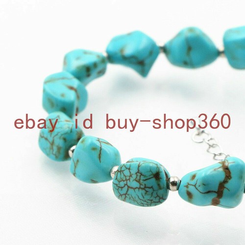 10-14mm Natural Blue Irregular Turquoise Gemstone Beads Bracelet 7.5'' - Picture 6 of 12