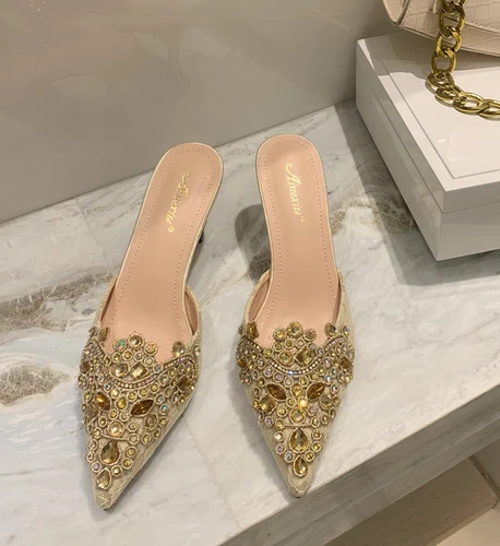 Mujer Moda Puntera Punta Punta Diamante Mulas Zapatillas Gatito Tacones Medianos Zapatos Vestido - Imagen 13 de 15