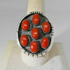Navajo Ring Sterling Silver Coral Petit point "Shield" Annie Chapo 1.5" Size 9.5