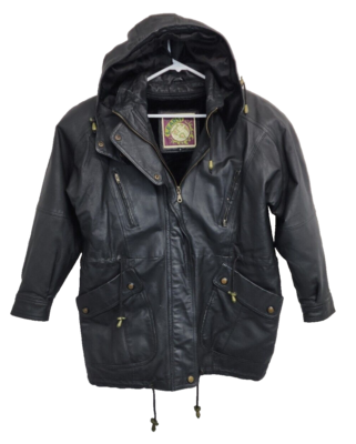 Vintage LEARSI Genuine Black Leather Hooded Jacket Coat Women's