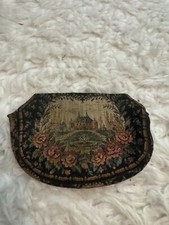 Vintage Tapestry Clutch Belt Bag Zippered Pouch Country Estate Scene