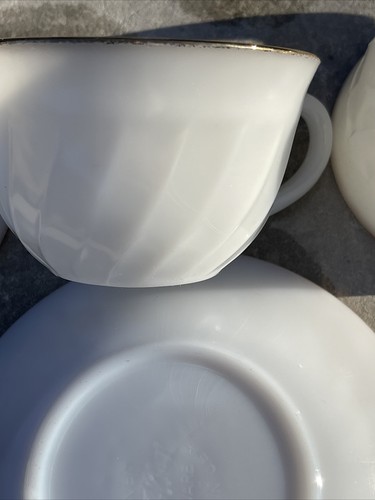 1950s Vintage Anchor Hocking Fire King 22K Gold Rim Cups Saucers Milk Glass - Picture 7 of 10