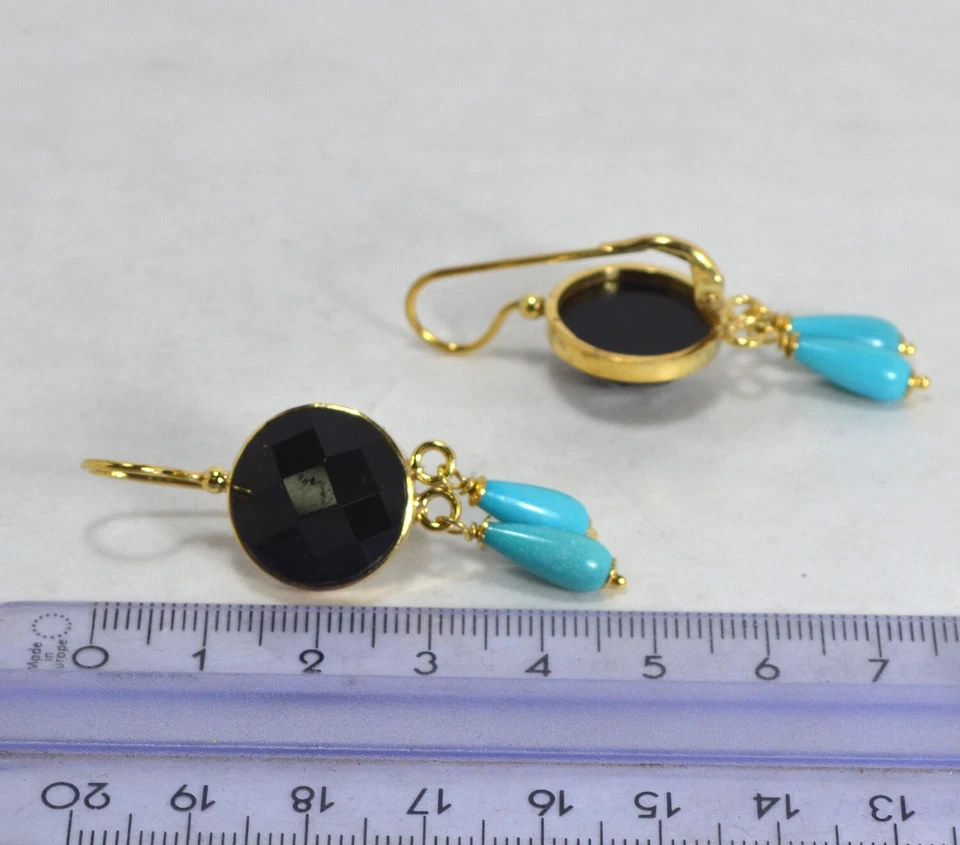 ORECCHINI ARGENTO 925 DORATO TONDO ONICE  PENDOLI TURCHESE NATURALE    AGHT 0926 - Immagine 3 di 3