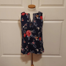 Market & Spruce Womens Small Navy Blue Floral Crochet Split Neck Sleeveless Top