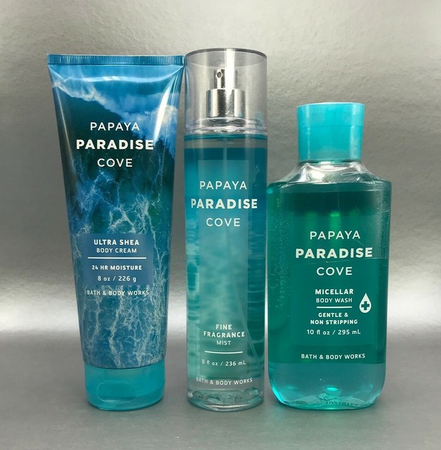 3 Piece Bath and Body Works PAPAYA PARADISE COVE Gel Cream Mist