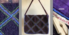 VTG FRANCE GLASS SEED BEADED PURPLE AQUA GREEN PURSE POUCH BAG DIAGONAL CHECK