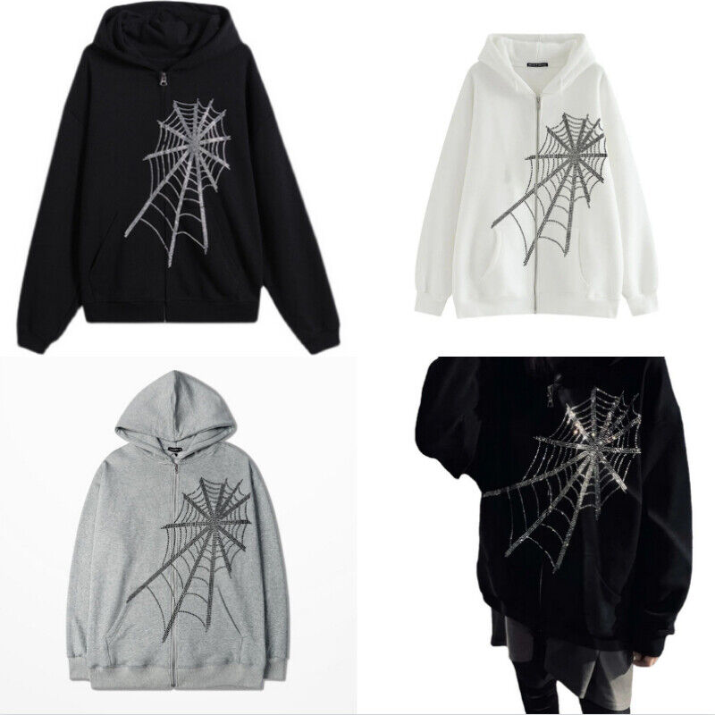 Lady Hooded Sweatshirt Coat Jacket Spider Web Diamond Gothic Lady Hooded Sweatshirt Coat Jacket Spider Web Diamond Gothic