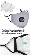 GREY Face Mask 100% cotton Washable + (2) PM2.5 filters + (10) TIDI filters USA