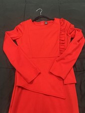 SHEIN Red Ruffle Long Sleeve Midi Dress Zip Round Neck Solid Size S