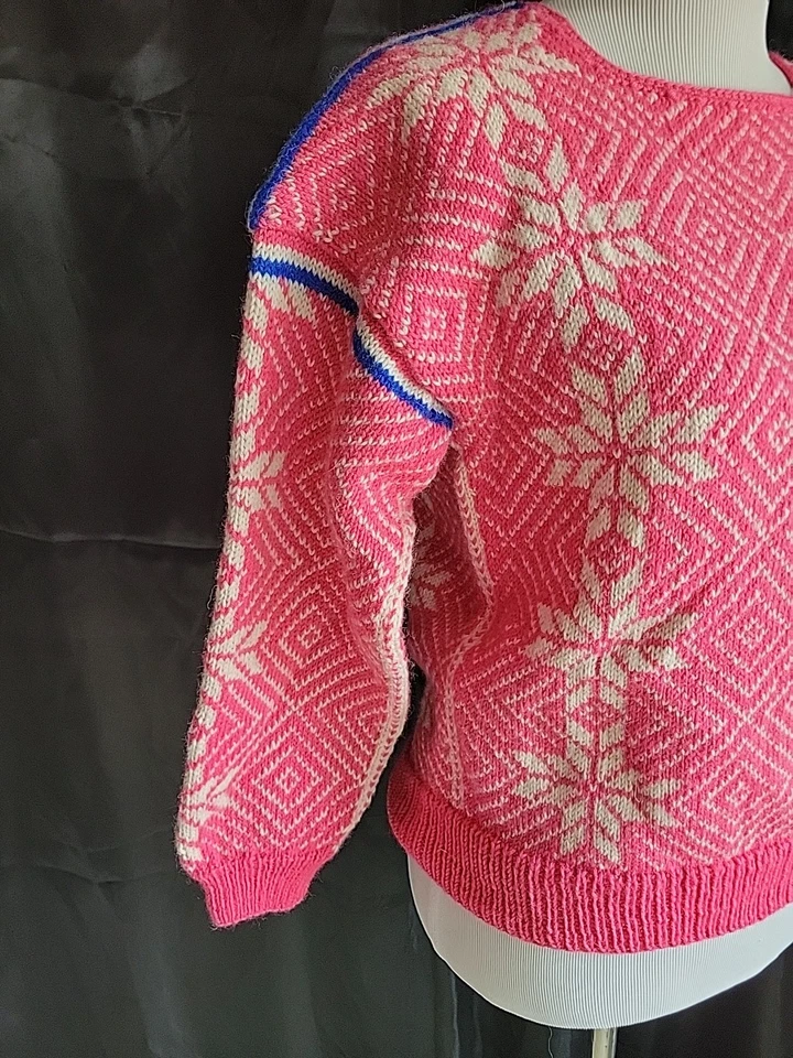 Suéter de Lana Rosa Vintage Blanco Copos de Nieve Azul Rayas Esquí Nieve Caminata Wm X-S/S Foto 2 de 4