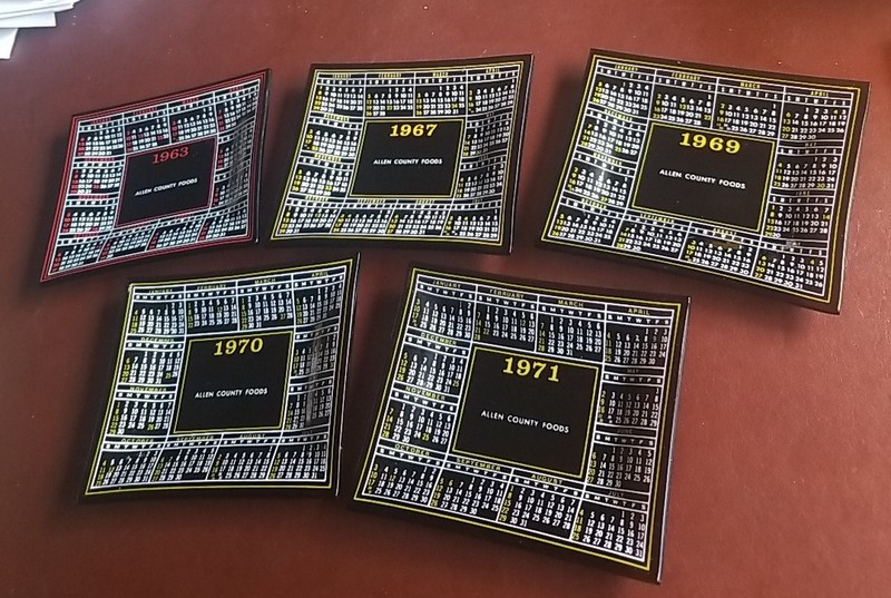 1963 (red), 67, 69-1972 or 5 Advertising Calendars For Allen County Foods (gold)