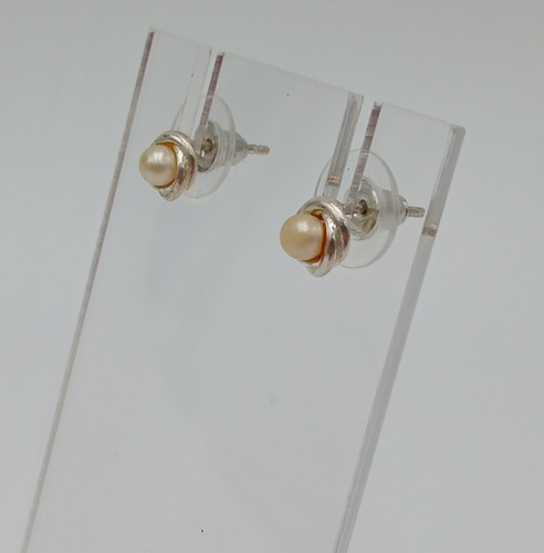 925 Faux Pearl Stud Earrings 0.25" Sterling Silver Swirl Rope Bezel Set VTG FLAW