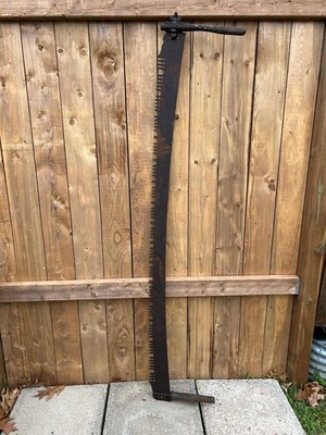 GREAT  OLD Crosscut Saw Tool + 66'' Long Blade With Two Wooden Handle