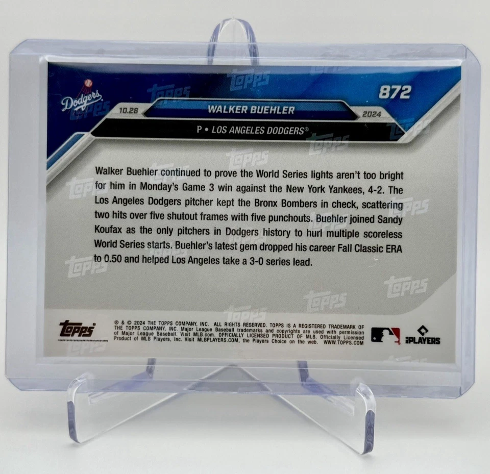 2024 Topps Now #872 Walker Buehler Los Angeles Dodgers - Image 2 of 2