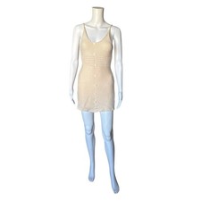 Shein Bodycon Dress Womens Size S Beige Sleeveless Scoop Neck Knit Mini Buttons