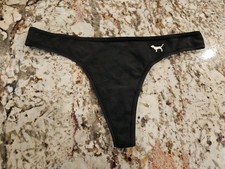 True Vintage Victoria's Secret PINK Solid Black Thong Panties Size Small
