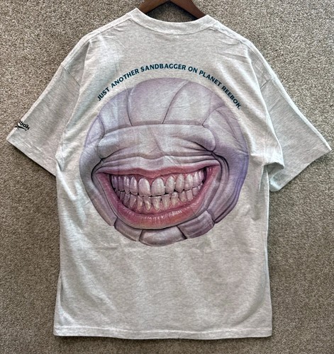 Reebok, Vtg 90s Planet Reebok Sandbagger Volleyball T-Shirt XL Gray Mouth Teeth Graphic