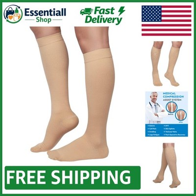 Durable Knee High Compression Socks for Men & Women - Beige X-Large Comfort