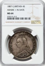 UK - GREAT BRITAIN , 4 SHILLINGS 1887 - ARABIC 1 IN DATE - NGC MS 64 , RARES
