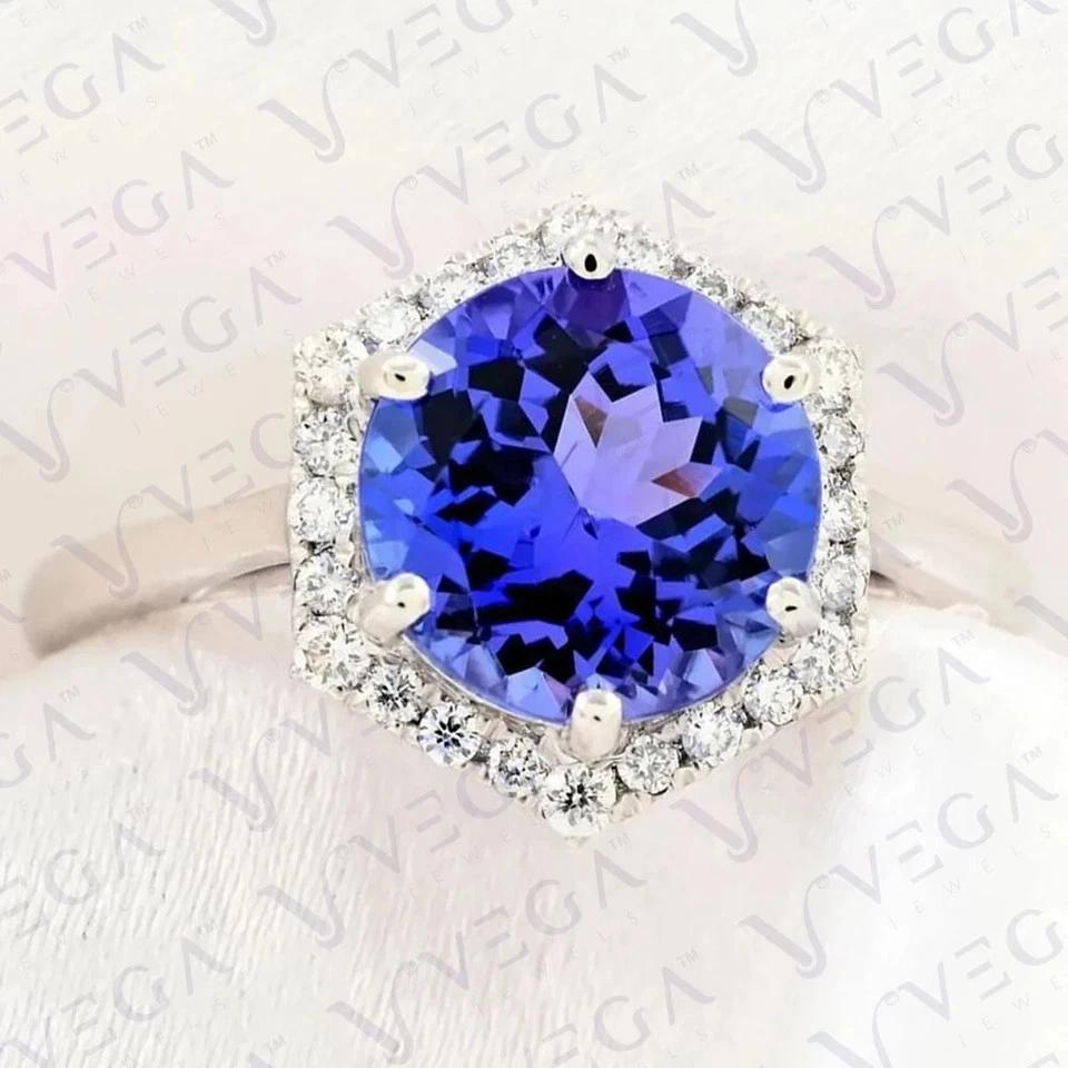 3.52Ct Round Cut Natural Tanzanite & Diamond 100% Real 14k SOLID White Gold Ring - Image 4 of 4