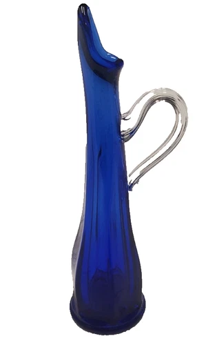 VTG FENTON MCM COBALT BLUE VASE WITH CLEAR TWISTED GLASS HANDLE 10" TALL