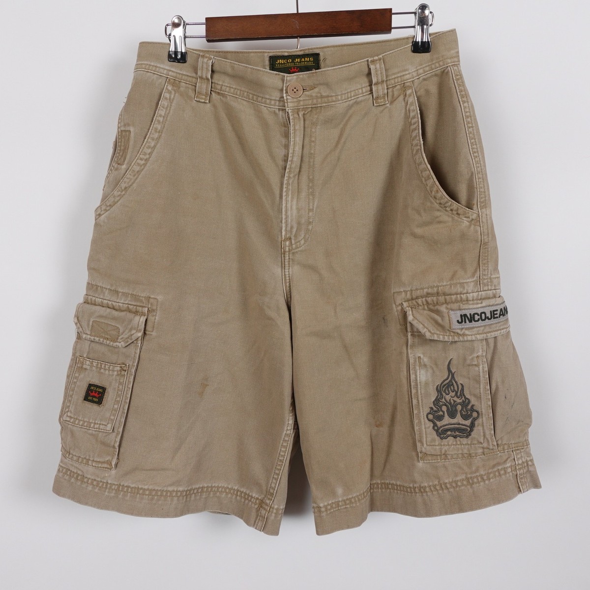 90s usa Jnco cargo shorts カーゴ ショーツ Vintage JNCO Men's Khaki Cargo Shorts Embroidered Flaming Crown