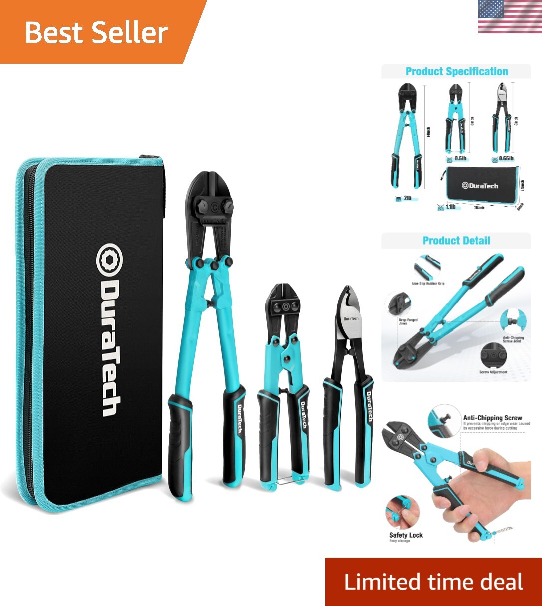 Heavy Duty 3-Piece Bolt Cutter Set with Ergonomic Handle and Case for Wire Cable Cutting