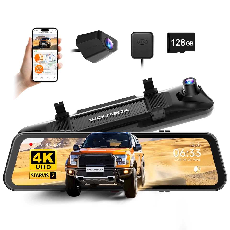 WOLFBOX 12in G900 PRO Mirror Dash Cam STARVIS 2 IMX678, Rear View Mirror Camera