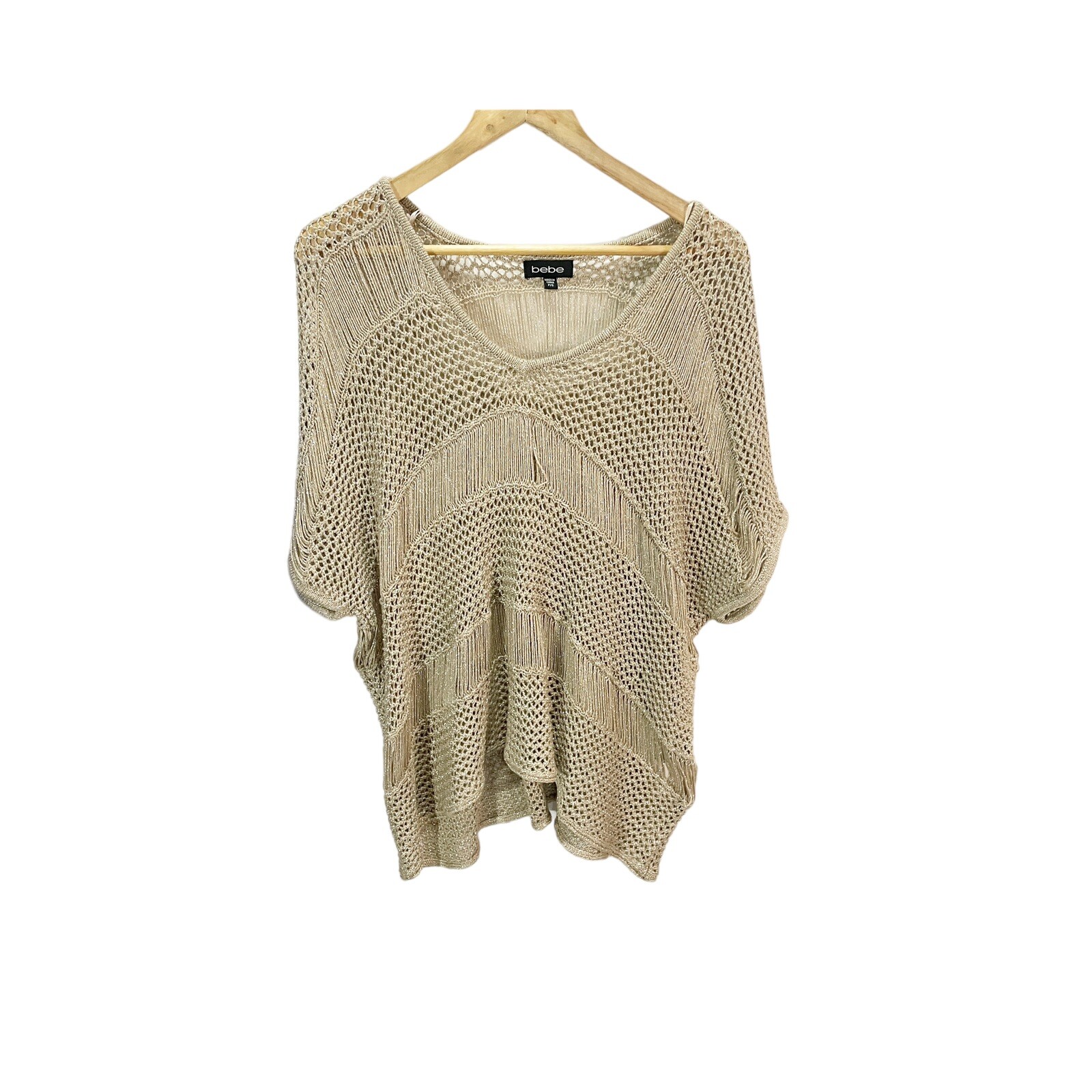 Bebe Gold Metallic Sweater S Short Sleeve V Neck Pullover Loose Knit