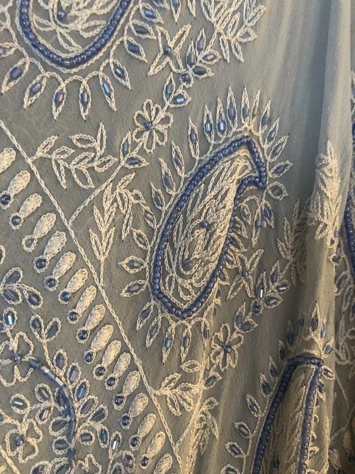 Poncho Tanja Pignatelli flecos de seda con cuentas azul claro y marfil nuevo con etiquetas vintage Foto 3 de 4