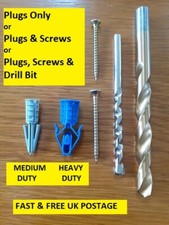 HOLLOW Wall Plugs Plasplug Brand- Heavy or Medium Duty ADD ON SCREWS & DRILL BIT