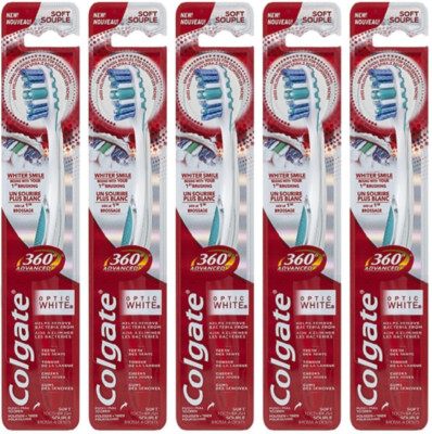 5 Colgate 360 Advanced Optic White Toothbrush, Assorted Colors, Soft